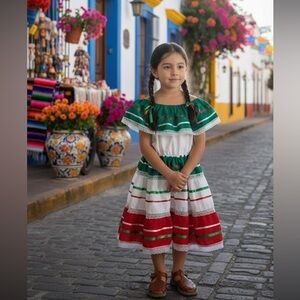 Traditional Mexican girls Dress size 8 Mexico Handmade holiday red white green*